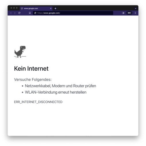 Browserfenster mit der Fehlermeldung "Kein Internet"
